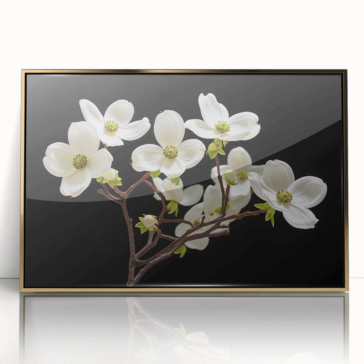 Framed botanical wall art featuring a dogwood flower design with gold accents, showcasing intricate details and vibrant colors, perfect for home decor.