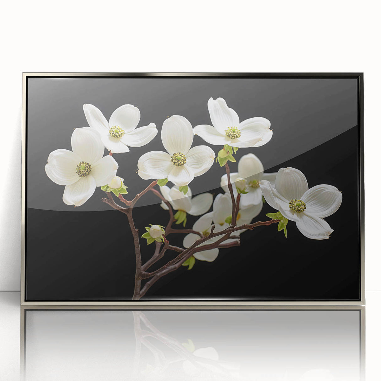 Framed botanical wall art featuring a delicate dogwood flower design in silver-acrylic, showcasing intricate details and vibrant colors, perfect for home decor.