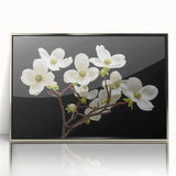 Framed botanical wall art featuring a delicate dogwood flower design in silver-acrylic, showcasing intricate details and vibrant colors, perfect for home decor.