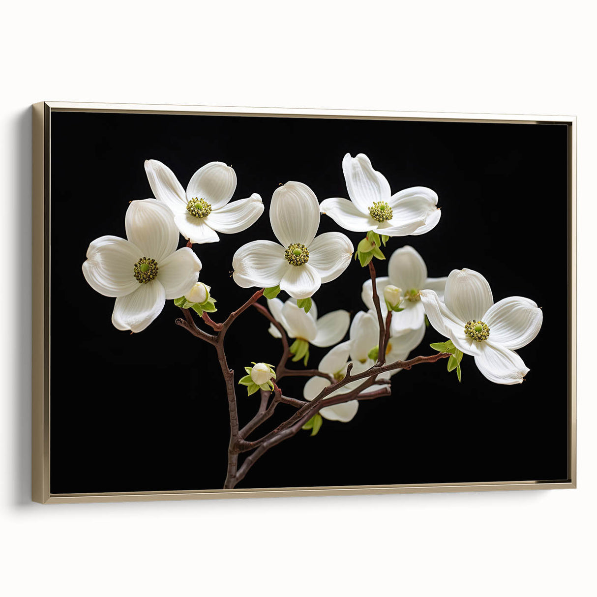 Framed botanical wall art featuring vibrant dogwood flowers on a textured canvas, elegantly displayed in a sleek gold frame, perfect for home décor.
