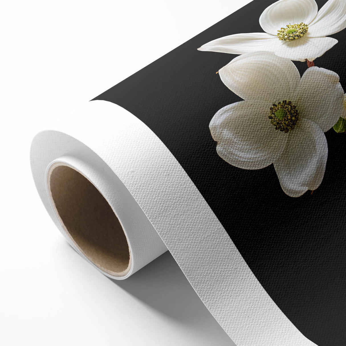 Botanical wall art design showcasing vibrant dogwood flowers on a rolled canvas, ideal for home decor. Features intricate details and soft pastel colors, enhancing any living space. Perfect for nature lovers and art enthusiasts alike.