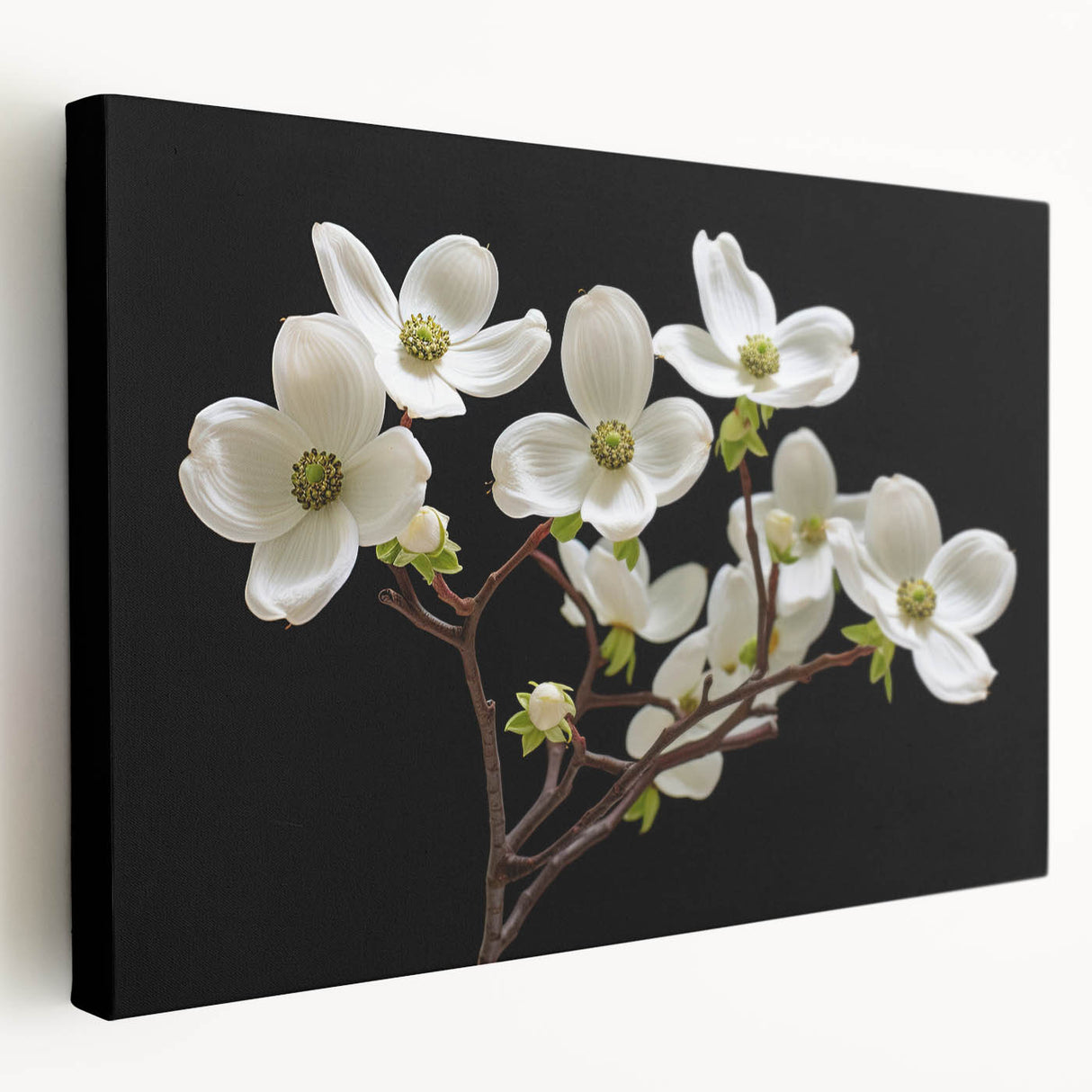 Stretched canvas wall art showcasing a detailed botanical dogwood design in soft pastel colors, perfect for enhancing home decor with a nature-inspired aesthetic.