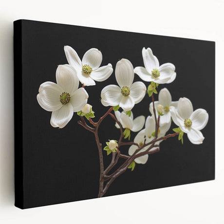 Stretched canvas wall art showcasing a detailed botanical dogwood design in soft pastel colors, perfect for enhancing home decor with a nature-inspired aesthetic.