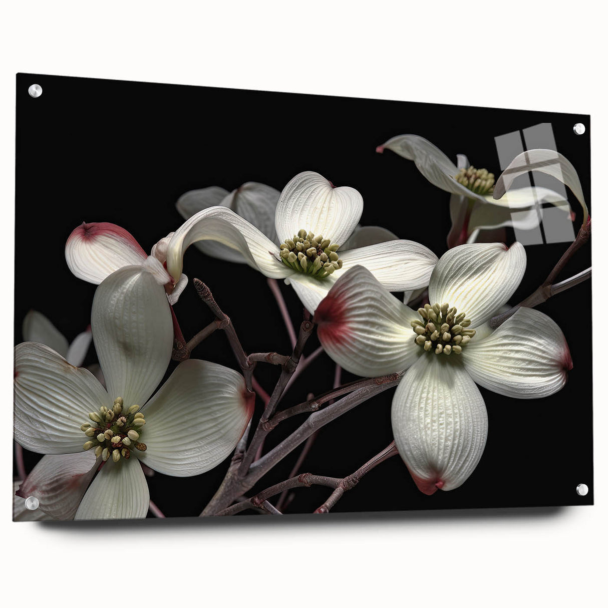Close-up of a botanical dogwood wall art collection displayed in acrylic glass, highlighting delicate flower details and vibrant colors, ideal for home decor.