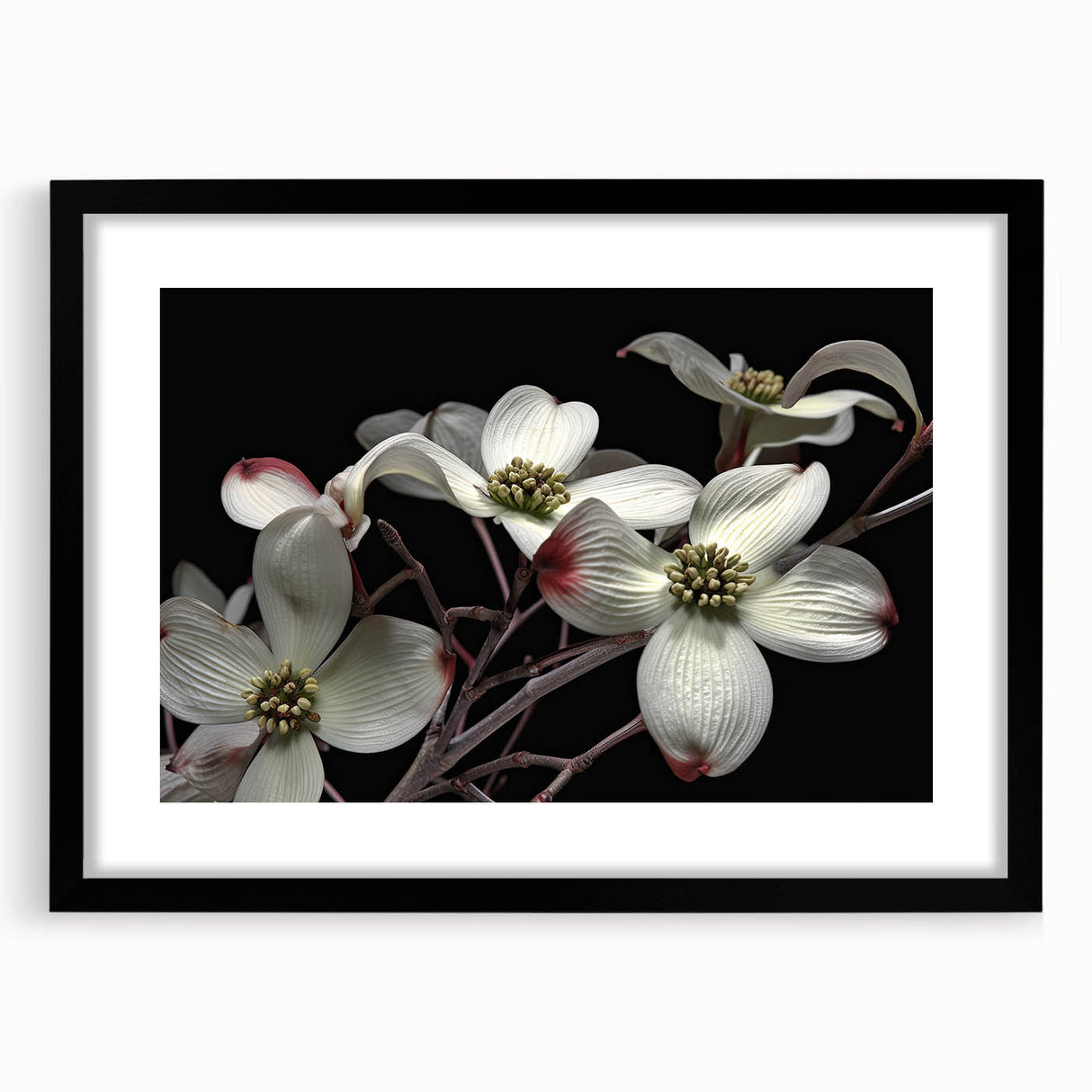 Botanical wall art collection featuring a dogwood design, beautifully framed with a black mat and sleek frame, ideal for enhancing home decor.