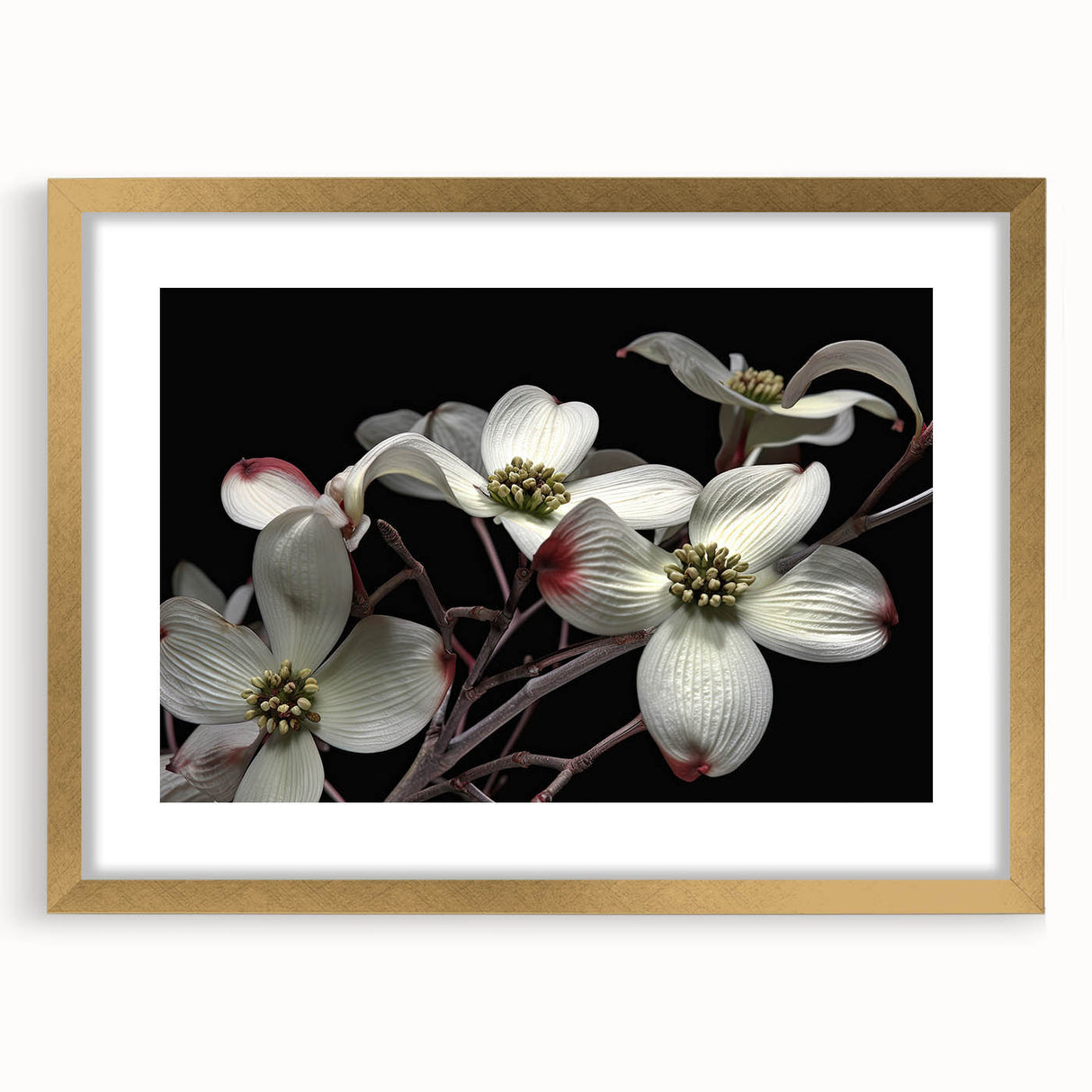 Botanical wall art collection featuring a framed dogwood design in a gold frame with a mat, showcasing soft floral elements and elegant details, ideal for home decor.