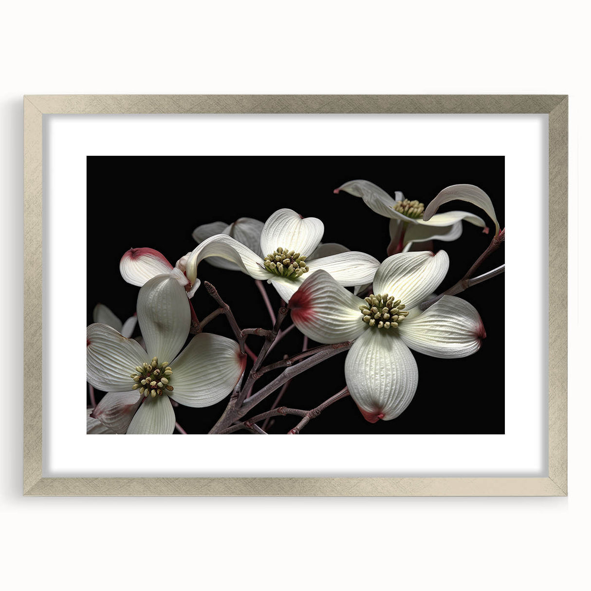 Botanical dogwood wall art collection featuring a silver-framed design with a mat, showcasing delicate floral patterns and sophisticated elegance, perfect for home decor.