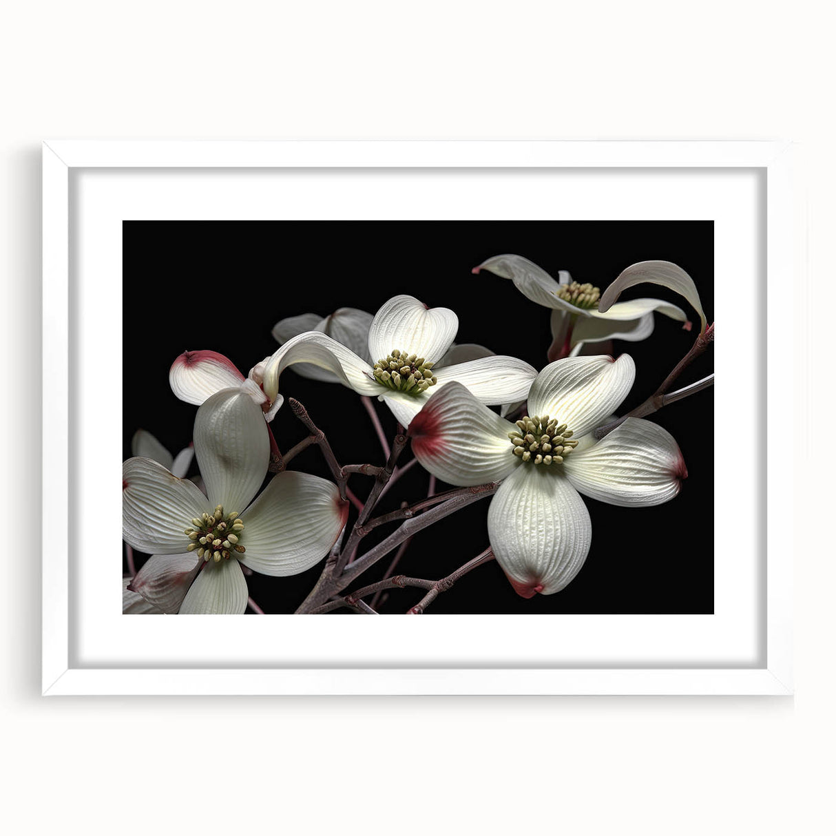 Botanical wall art collection showcasing a delicate dogwood flower design, framed with a crisp white mat, perfect for home decor. Ideal for nature enthusiasts.