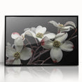 Framed wall art featuring a botanical dogwood design on acrylic, showcasing delicate white flowers against a sleek black background, perfect for home decor.