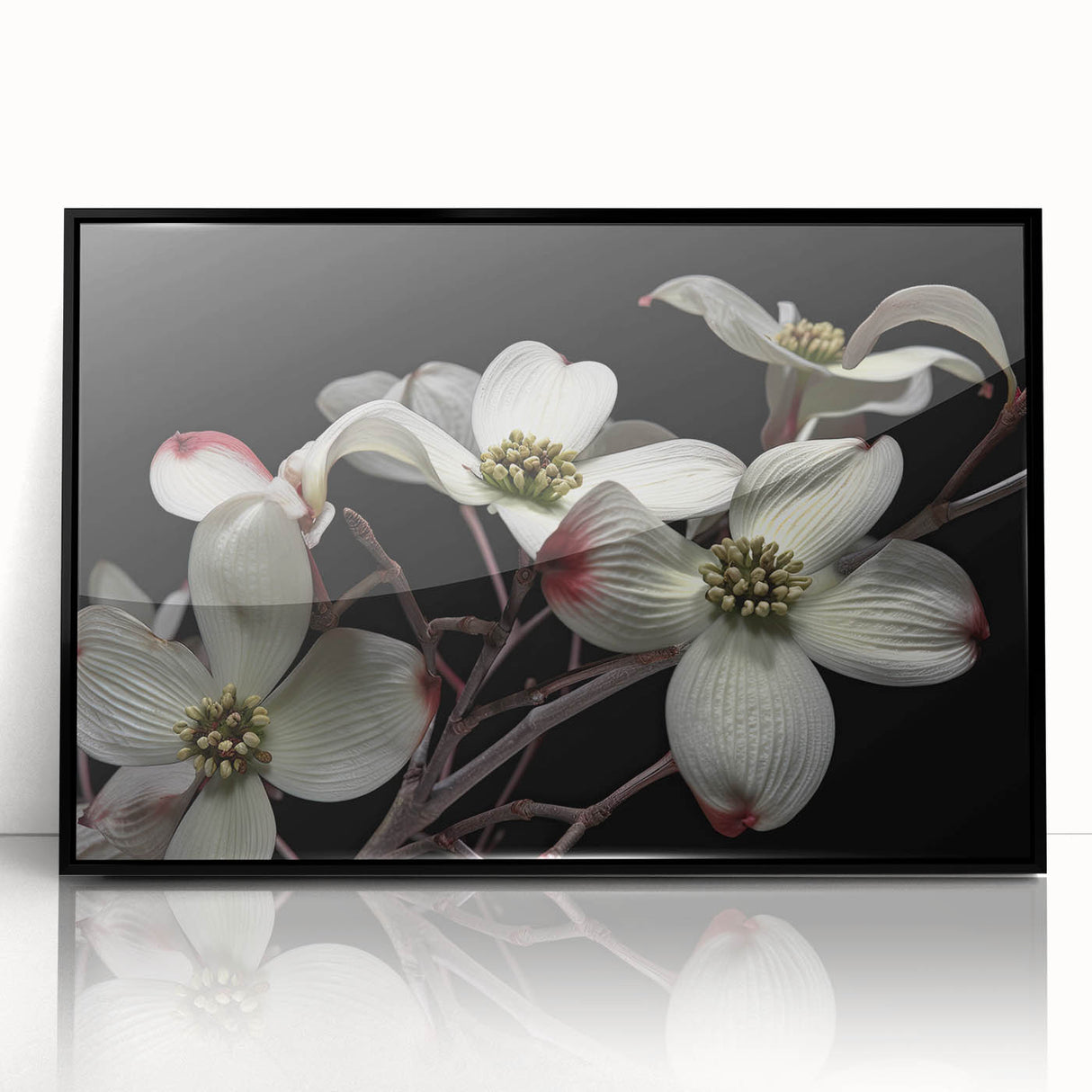 Framed wall art featuring a botanical dogwood design on acrylic, showcasing delicate white flowers against a sleek black background, perfect for home decor.