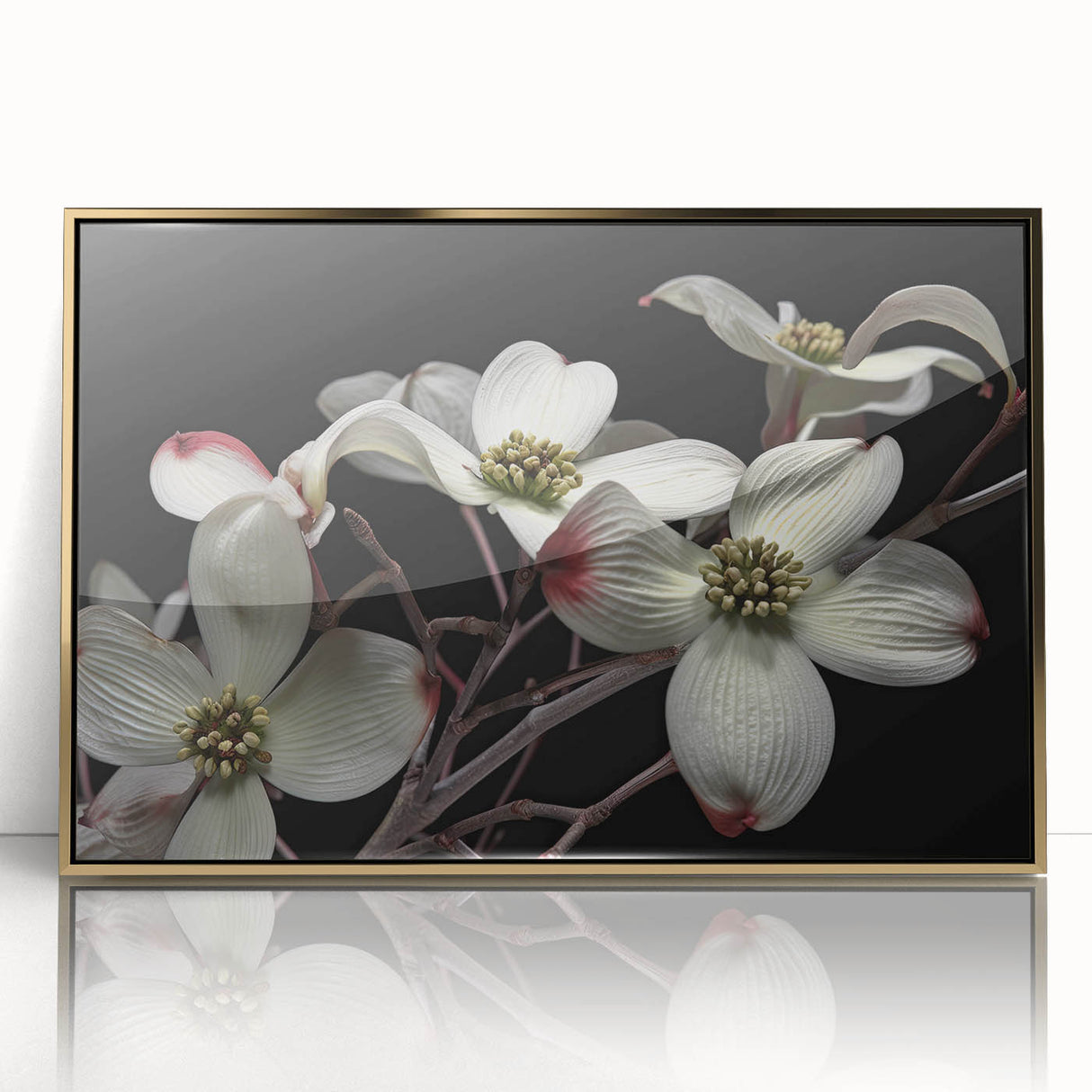 Framed wall art collection showcasing a botanical dogwood design, featuring intricate floral details in soft hues and a sleek gold frame, perfect for home decor.