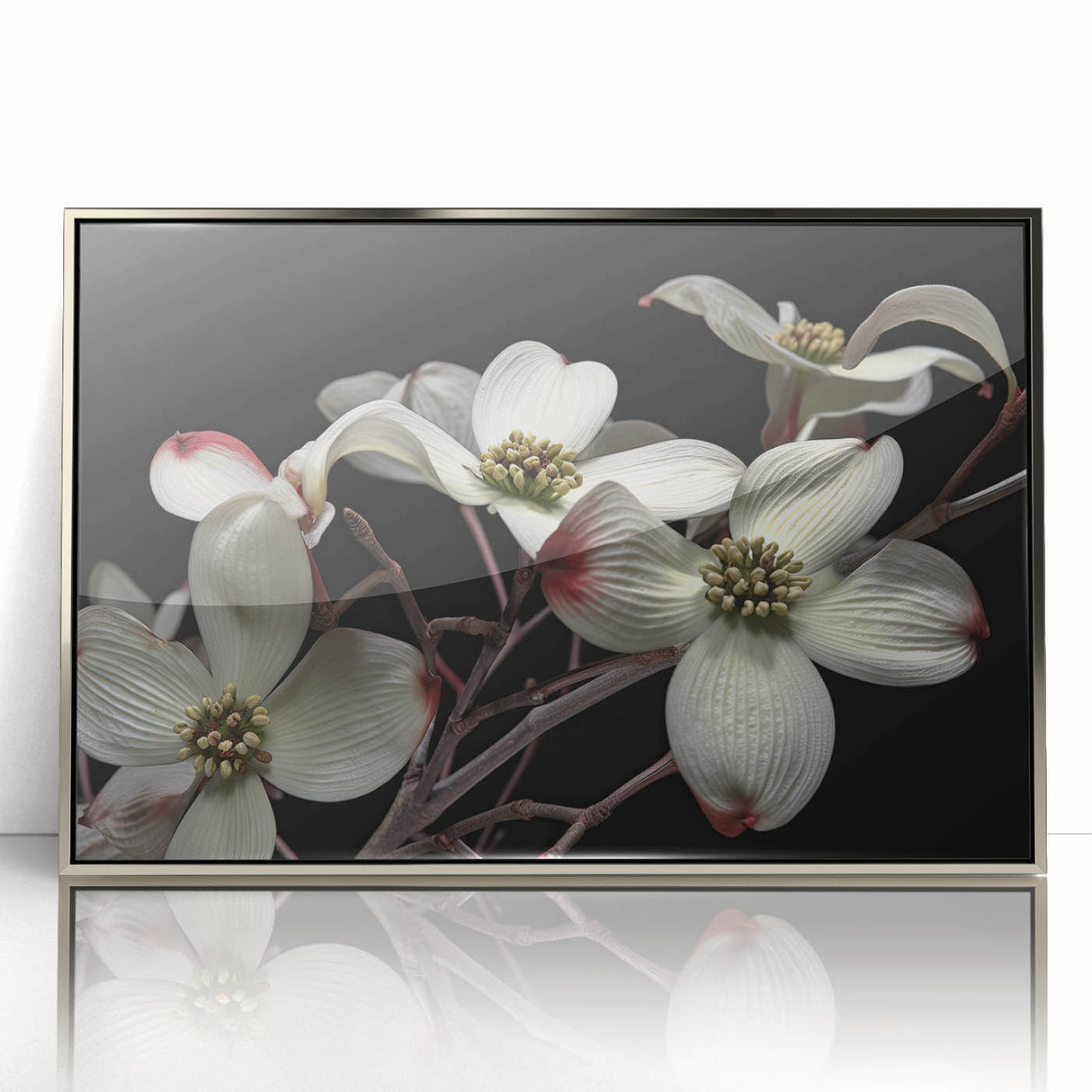 Framed acrylic wall art featuring a botanical design of vibrant dogwood flowers, elegantly set in a sleek silver frame, perfect for home decor enhancement.