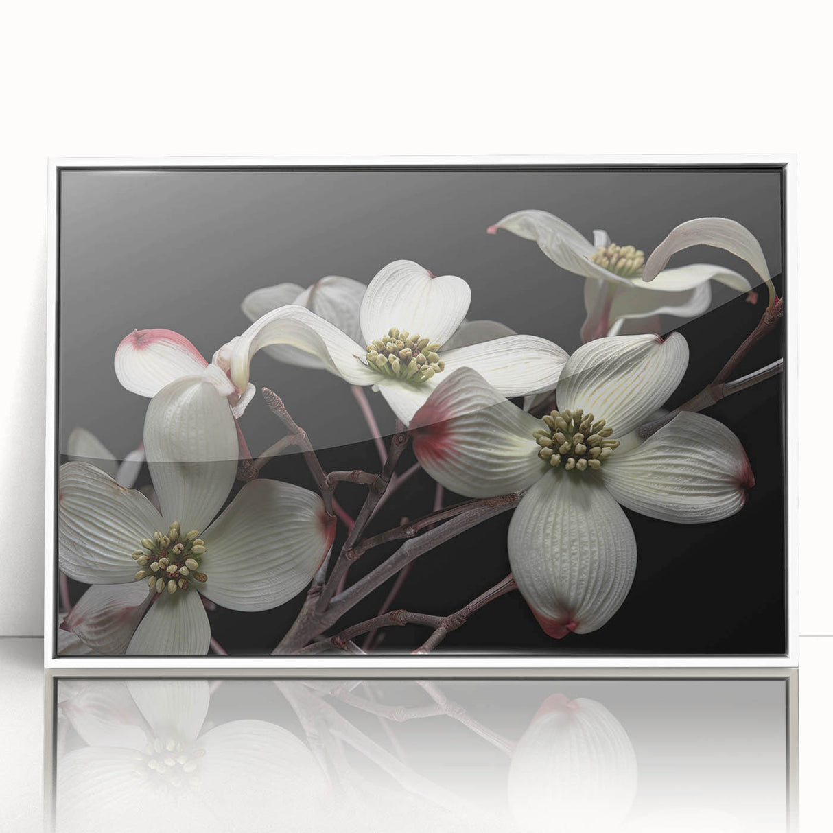 Framed acrylic wall art featuring an elegant dogwood flower design in soft pastel colors, perfect for enhancing home decor with a botanical theme.