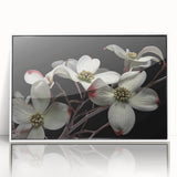 Framed acrylic wall art featuring an elegant dogwood flower design in soft pastel colors, perfect for enhancing home decor with a botanical theme.