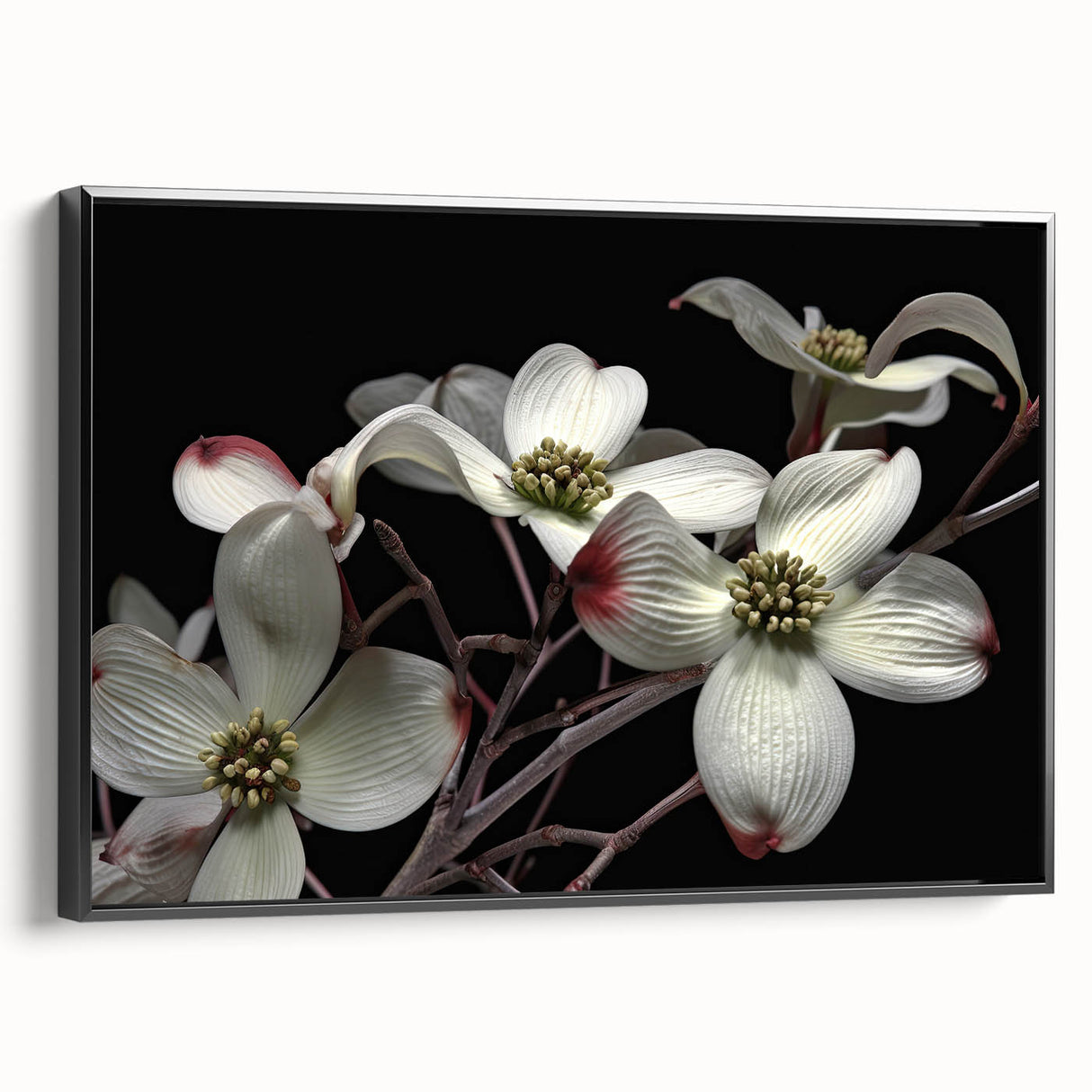 Framed botanical wall art featuring a dogwood flower design on a black background, showcasing intricate details and vibrant colors, perfect for home decor.