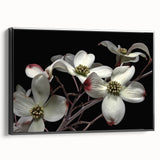 Framed botanical wall art featuring a dogwood flower design on a black background, showcasing intricate details and vibrant colors, perfect for home decor.