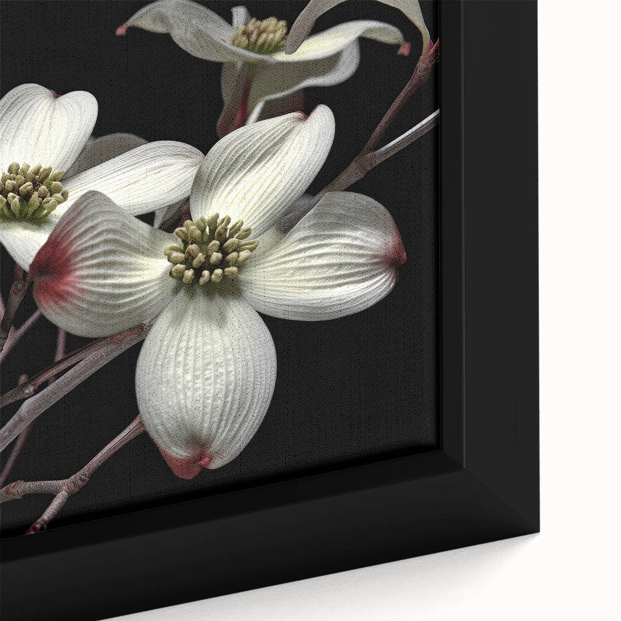 Close-up of a framed botanical dogwood wall art design showcasing delicate pink and white flowers on a textured canvas, ideal for home decor.