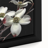 Close-up of a framed botanical dogwood wall art design showcasing delicate pink and white flowers on a textured canvas, ideal for home decor.