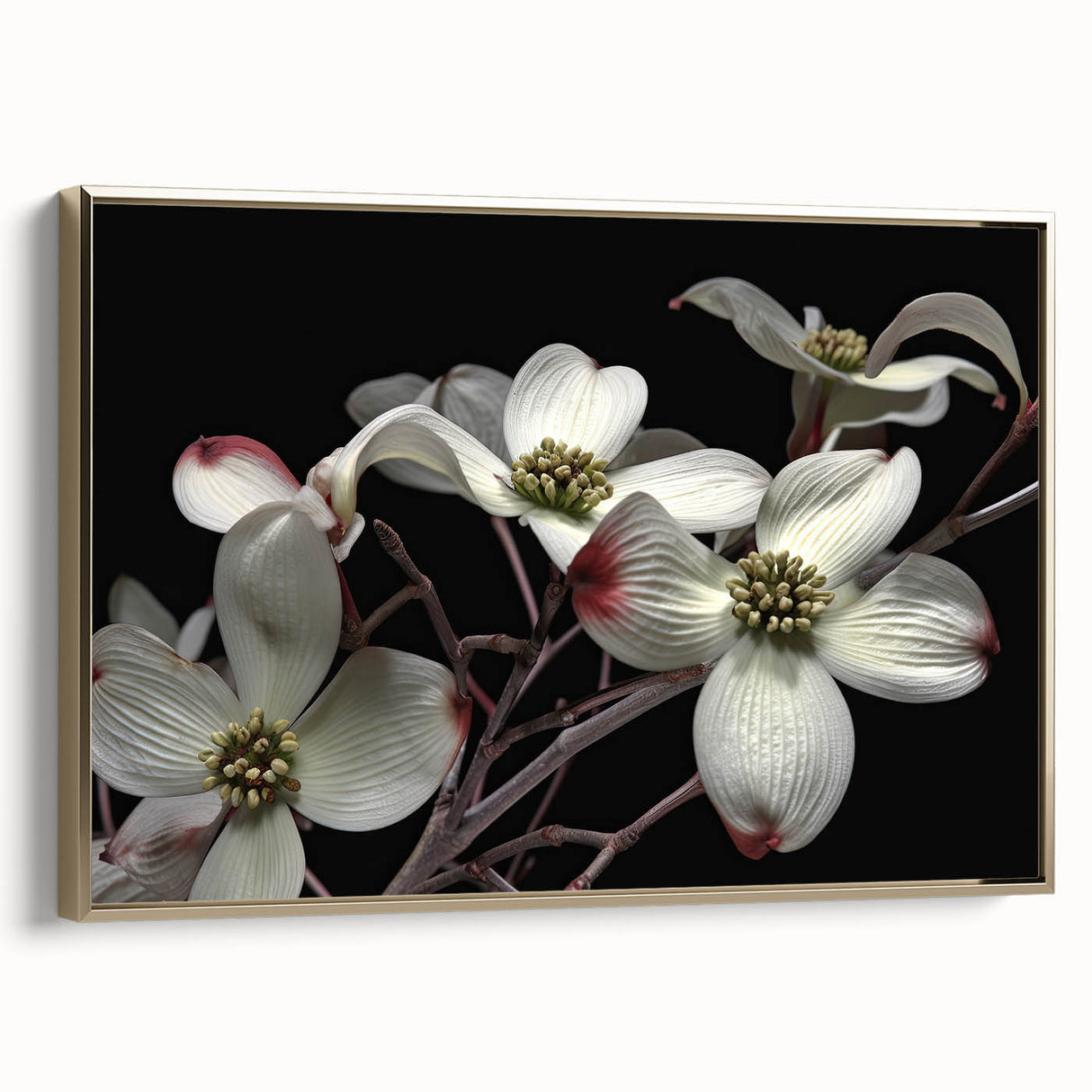 Framed botanical wall art featuring a vibrant dogwood design with gold accents, showcasing intricate floral details against a neutral background, perfect for home decor.