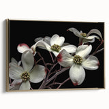 Framed botanical wall art featuring a vibrant dogwood design with gold accents, showcasing intricate floral details against a neutral background, perfect for home decor.