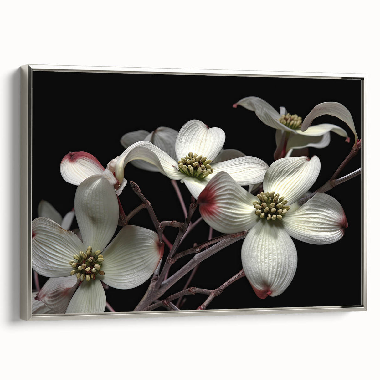 Framed wall art collection showcasing a botanical dogwood design on canvas, featuring a silver frame and vibrant floral details, ideal for home decor.