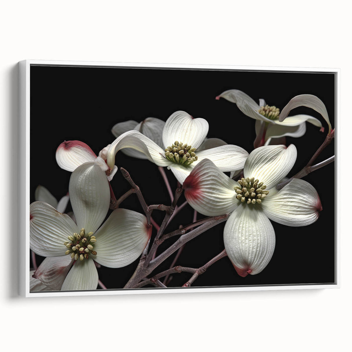 Framed wall art featuring a botanical dogwood design on canvas, showcasing vibrant floral colors and intricate details, set against a white background for a modern decor accent.