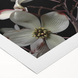 Botanical wall art showcasing a vibrant dogwood flower design in soft pink and white hues on rolled canvas, perfect for adding a touch of nature to home decor.