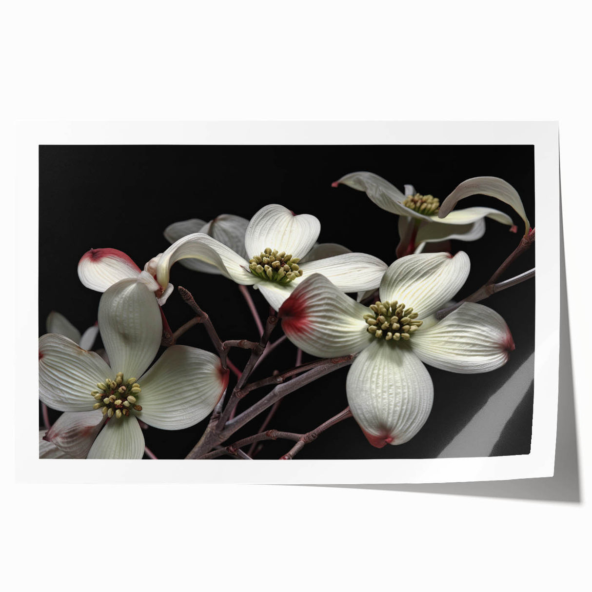 Botanical wall art print showcasing a delicate dogwood flower design in soft pastel colors, perfect for home decor, presented in a rolled format for easy framing.