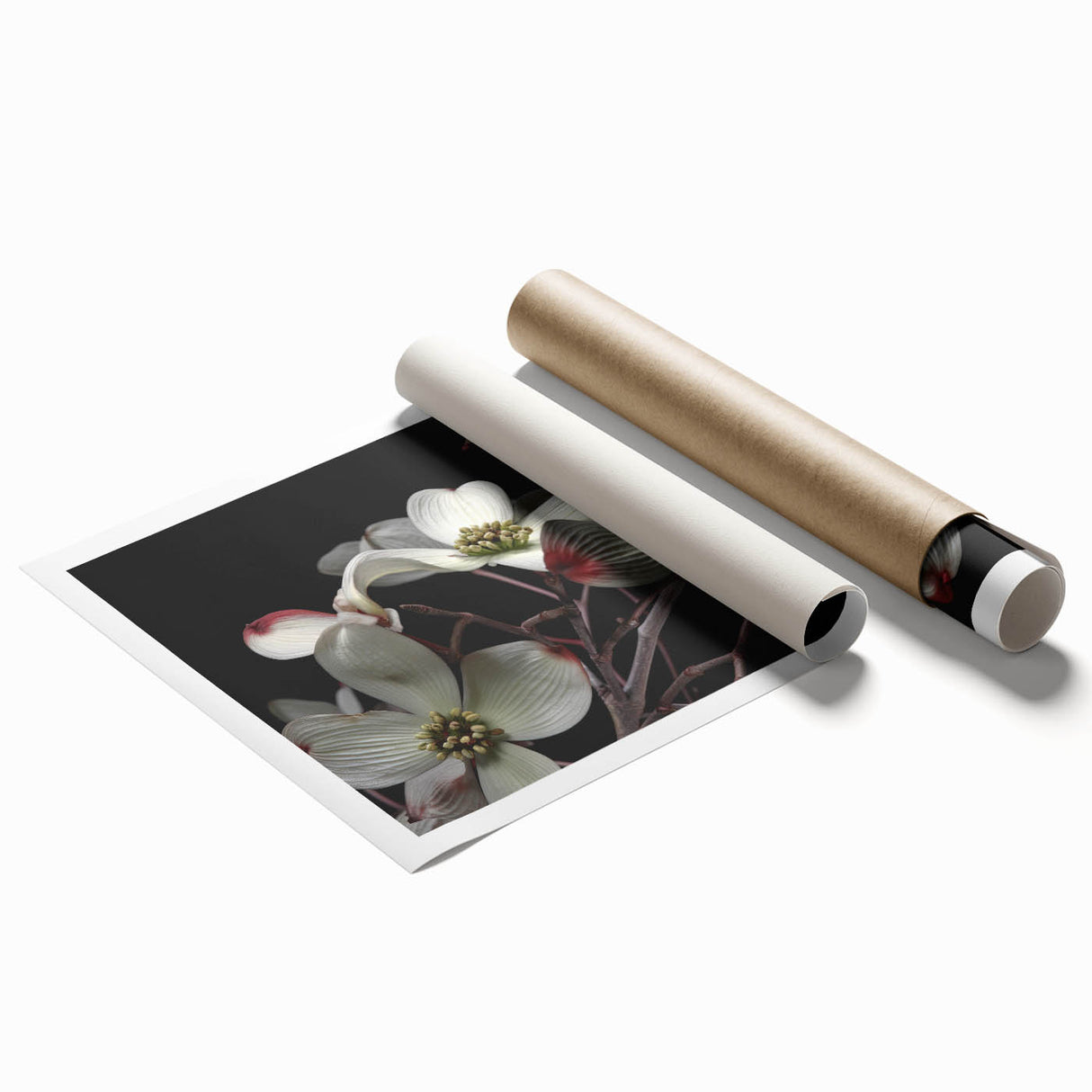 Botanical wall art showcasing delicate dogwood flowers in soft pastel colors, rolled and ready for framing, perfect for enhancing home decor with a natural touch.