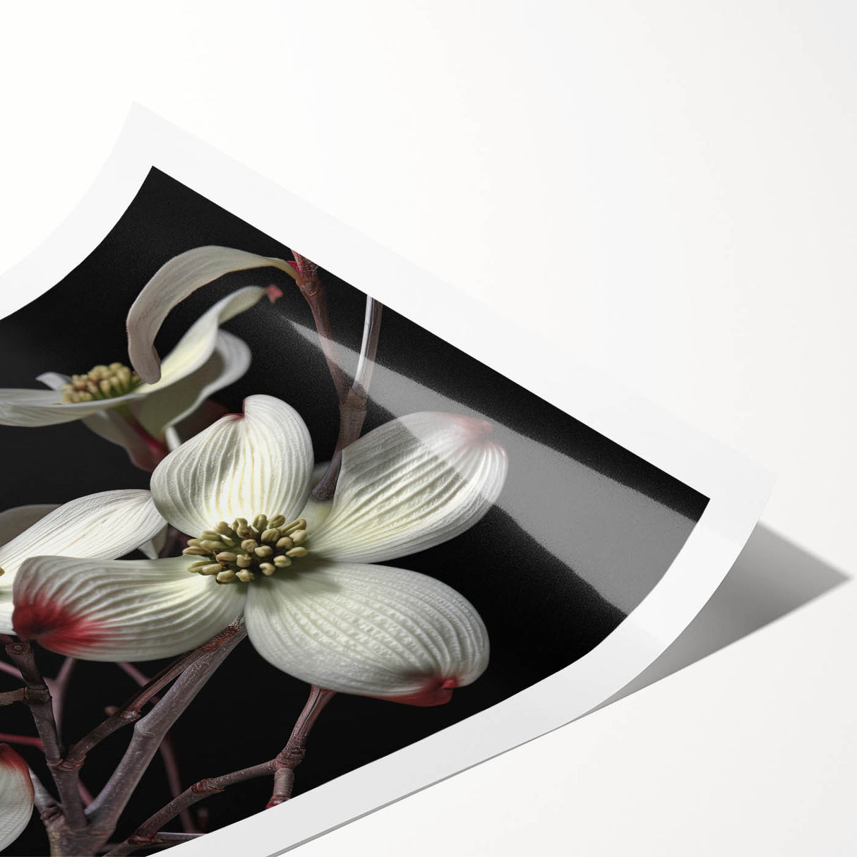 Botanical wall art print showcasing delicate dogwood flowers in soft pastel colors, rolled and ready for framing, perfect for enhancing home decor.