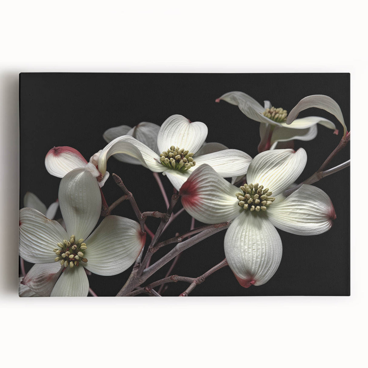 Botanical wall art featuring a vibrant dogwood flower design on stretched canvas, showcasing intricate details and rich colors, perfect for home decor. This piece adds a natural touch to any room and is ideal for art enthusiasts.