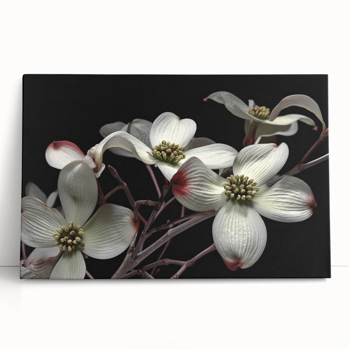 Stretched canvas wall art showcasing a vibrant dogwood floral design, featuring intricate details and soft pastel colors, perfect for home decor.