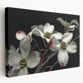 Stretched canvas wall art showcasing a botanical dogwood design with vibrant flowers, presented in a side view to highlight its texture and colors. Ideal for home decor enthusiasts.