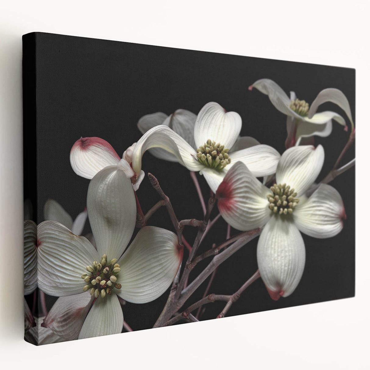 Stretched canvas wall art showcasing a botanical dogwood design with vibrant flowers, presented in a side view to highlight its texture and colors. Ideal for home decor enthusiasts.