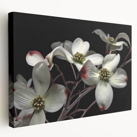 Stretched canvas wall art showcasing a botanical dogwood design with vibrant flowers, presented in a side view to highlight its texture and colors. Ideal for home decor enthusiasts.