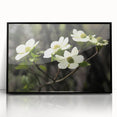 Framed wall art showcasing a botanical dogwood design with vibrant flowers, set in a sleek black frame, ideal for enhancing home decor.