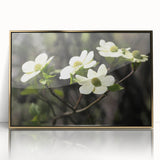 Framed wall art featuring a botanical dogwood design, showcasing delicate white flowers on a soft green background, highlighted by a sleek gold frame. Ideal for enhancing home decor with a touch of nature-inspired elegance.