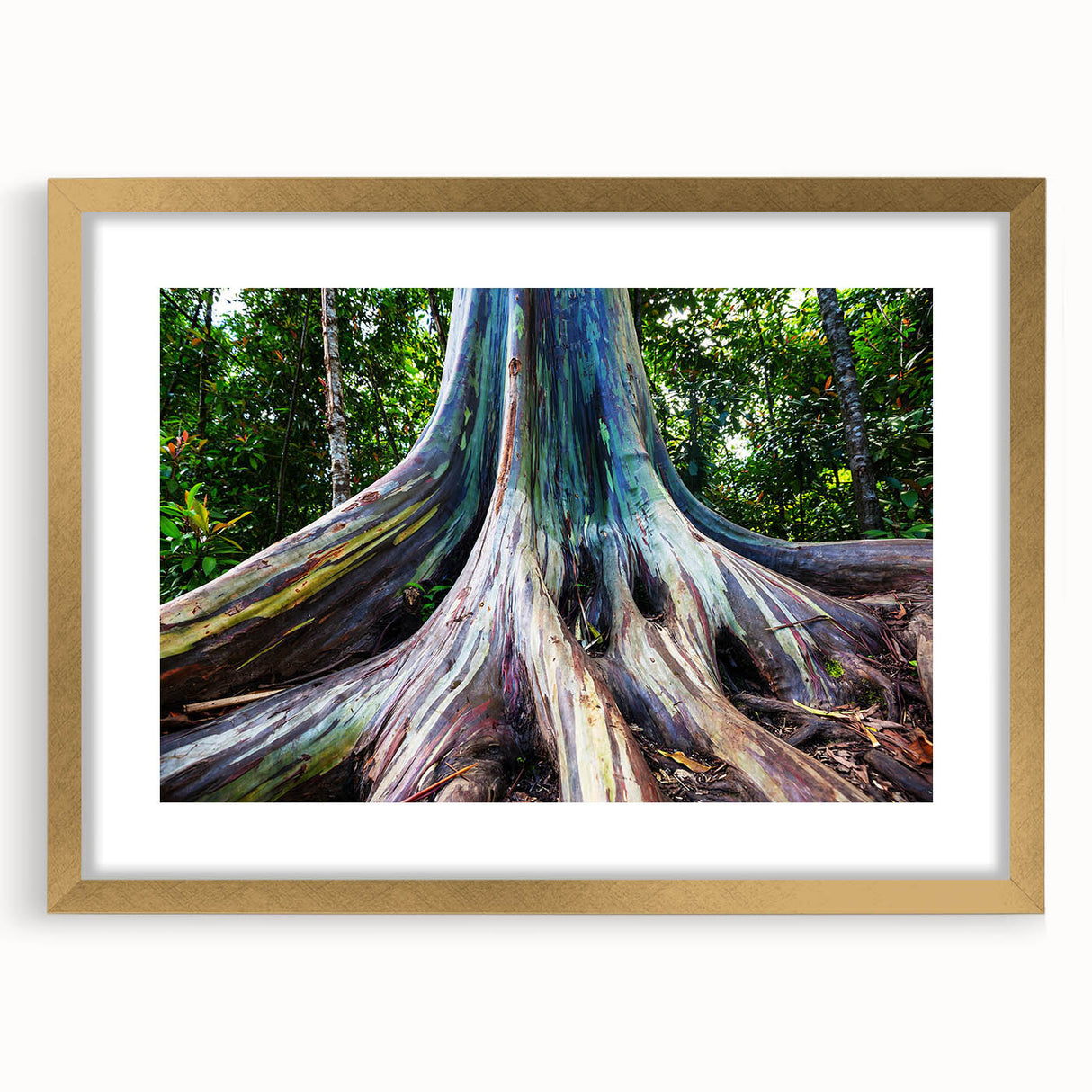 Elegant botanical wall art featuring eucalyptus leaves in a gold frame with a mat, showcasing a sophisticated design for home decor. Perfect for enhancing modern interiors.