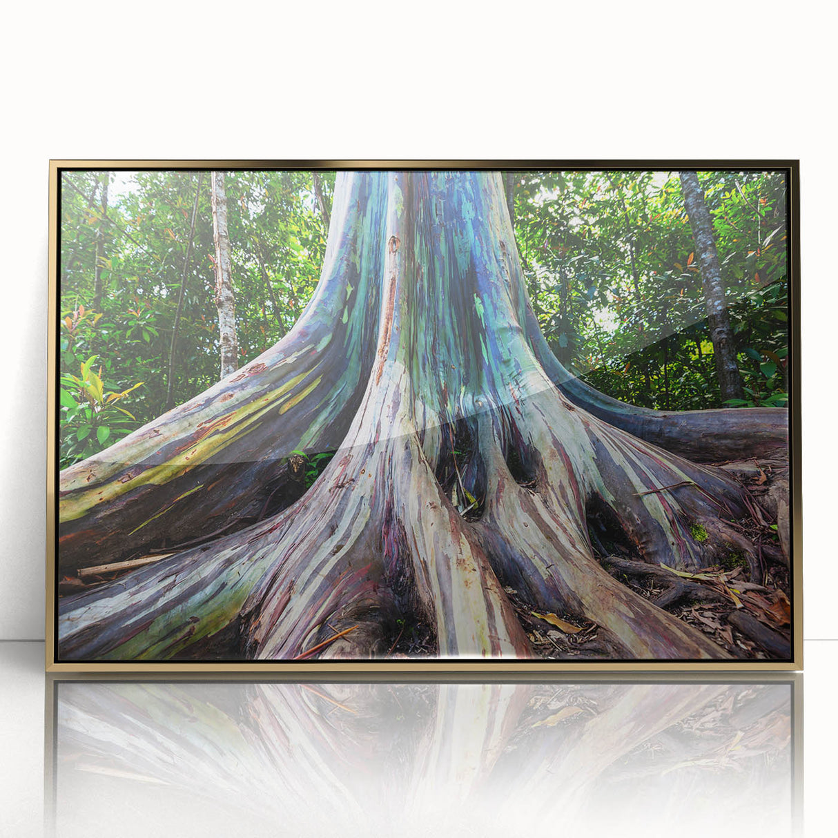 Framed wall art showcasing a botanical design with eucalyptus leaves in a gold-accented frame, adding elegance to home decor. Perfect for nature-inspired interiors.