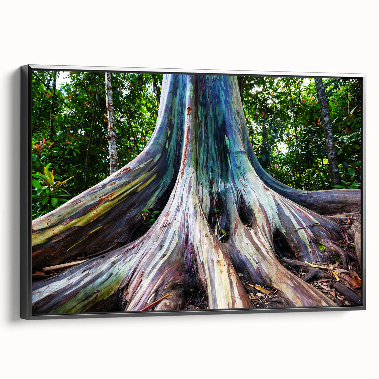 Framed botanical wall art featuring a detailed eucalyptus design on canvas, highlighted with a black frame, showcasing elegant greenery for modern decor.