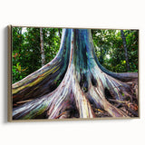 Framed wall art featuring a botanical eucalyptus design with gold accents, showcasing a side view that highlights its elegant framing and vibrant green tones. Perfect for home decor.