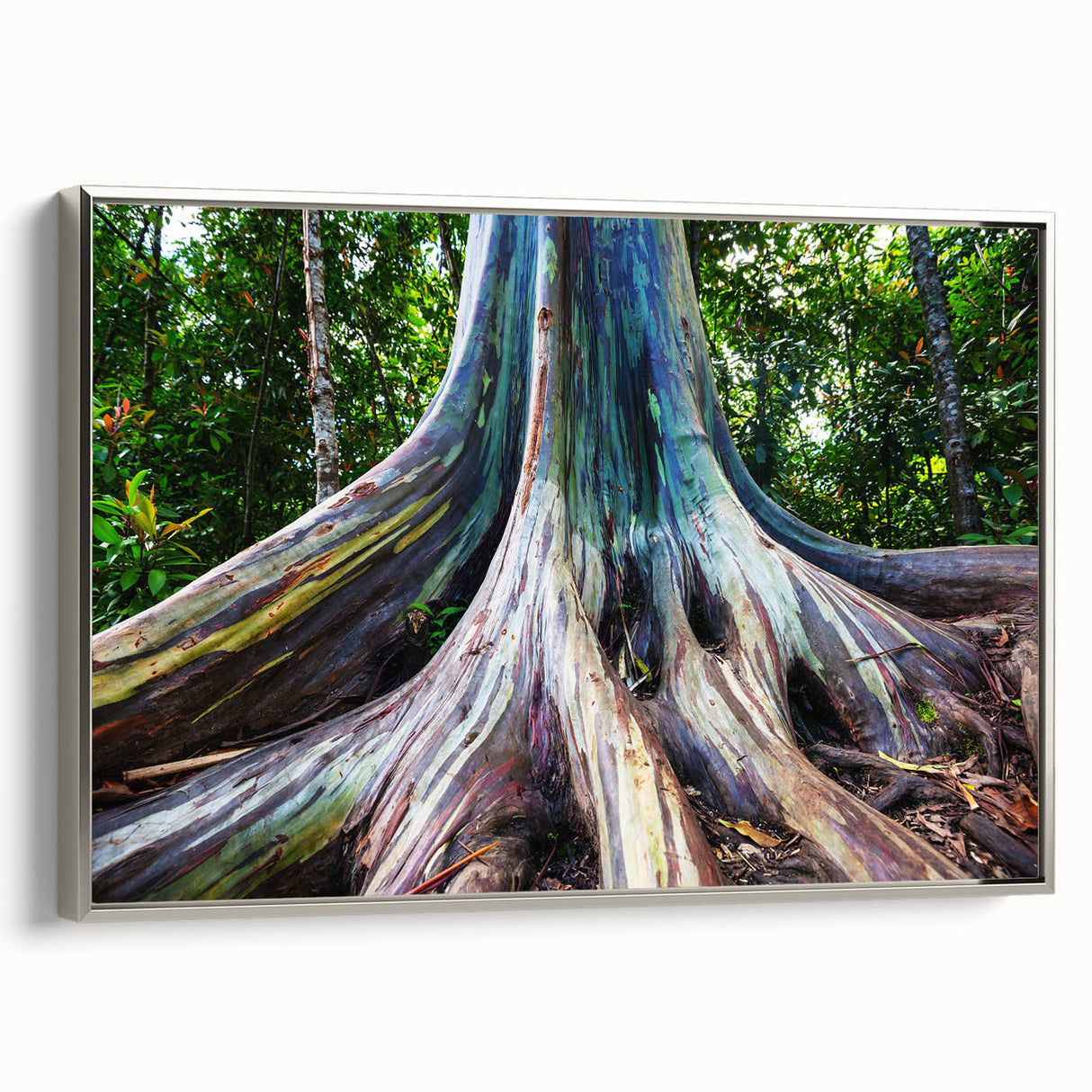 Framed canvas wall art featuring a botanical eucalyptus design, showcasing elegant silver framing and a textured surface, ideal for modern home decor.