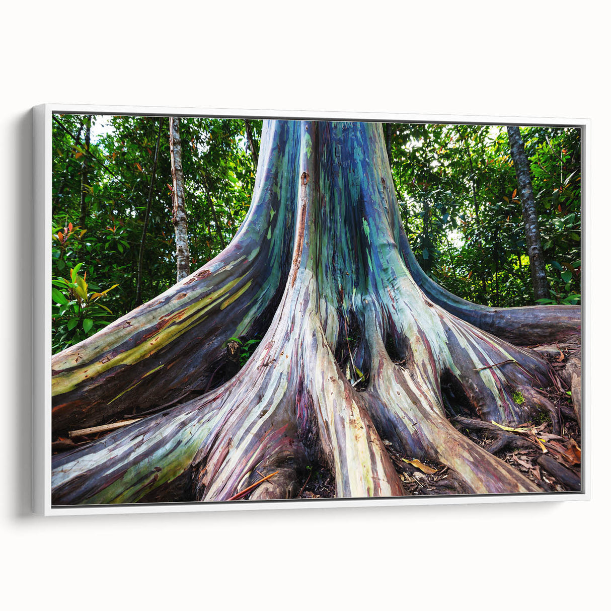 Framed canvas wall art showcasing a botanical eucalyptus design with a white background, highlighting delicate green leaves and a modern aesthetic, perfect for home decor.
