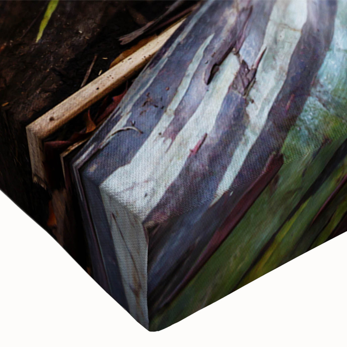 Close-up of a stretched canvas featuring a botanical eucalyptus design, showcasing vibrant green hues and intricate leaf details, perfect for nature-inspired decor.
