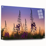 Vibrant botanical wall art featuring a fireweed design, displayed in a sleek acrylic glass frame with visible mounting pins, perfect for home decor.