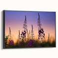 Framed botanical wall art featuring vibrant fireweed design on a black canvas, showcasing intricate floral details and a sleek side view, perfect for home decor.