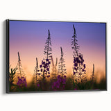 Framed botanical wall art featuring vibrant fireweed design on a black canvas, showcasing intricate floral details and a sleek side view, perfect for home decor.