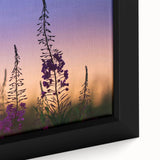 Close-up of a framed wall art piece featuring vibrant fireweed botanical design on a textured canvas, ideal for nature-inspired home decor.