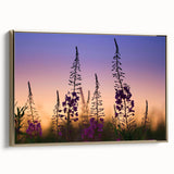 Framed wall art featuring a vibrant botanical design of fireweed flowers in gold and green, showcasing intricate details and texture against a neutral background.
