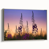 Framed wall art featuring a botanical fireweed design on a silver background, showcasing vibrant colors and intricate details, perfect for home decor.